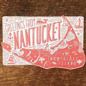Carte postale de Nantucket, Salutations de Nantucket, Carte postale Die Cut Letterpress