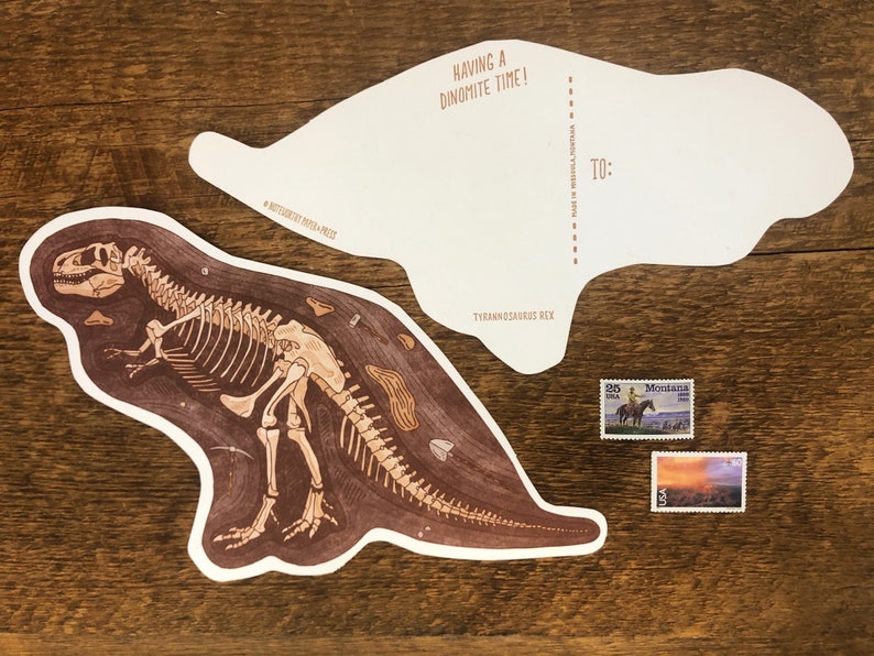 Peut inclure: Une carte postale illustrant un squelette de Tyrannosaurus Rex avec le texte "Having a Dinomite Time!" et "Tyrannosaurus Rex". La carte postale comporte un espace vide pour un message et une adresse, avec le texte "To:" et "Address goes to Postal Service here".