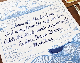 Mark Twain Zitat, Schiff auf dem Ozean, 8 x 10 Letterpress Kunstdruck