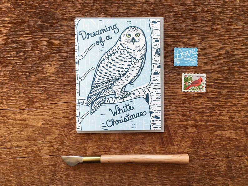 White Christmas, Snowy Owl Christmas Card, Holiday Card, Letterpress ...
