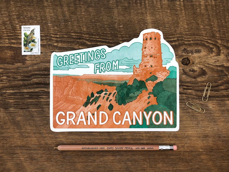 Carte postale Desert View Watchtower, Salutations du Grand Canyon, Arizona, Carte postale typographique découpée à matrice unique image 1