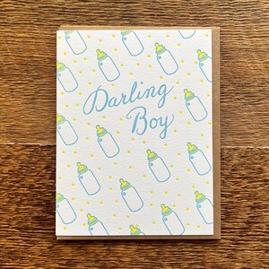 Darling Boy, Baby Card, Baby Bottle Pattern, Letterpress Note Card, Blank Inside image 3
