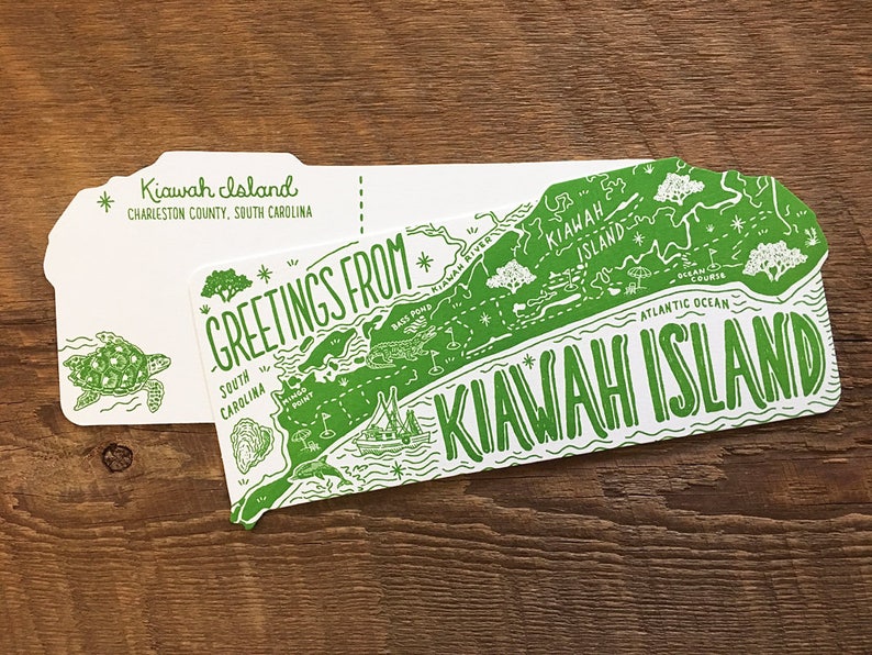 Carte postale de l'île Kiawah, Salutations de l'île Kiawah, carte postale typographique découpée image 3