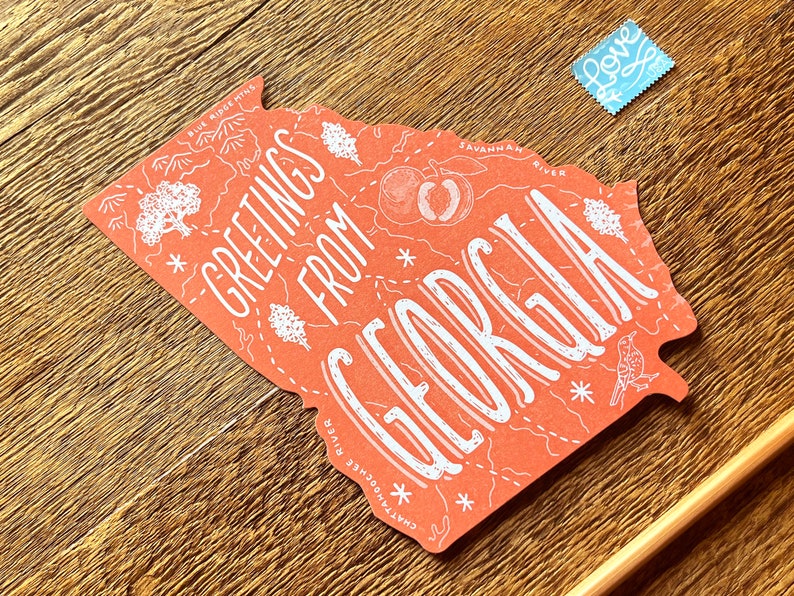 Carte postale de Géorgie, salutations de Géorgie, carte postale d'état de typographie découpée image 6