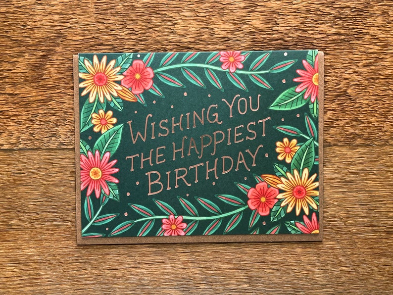 Carte le plus heureux d'anniversaire, carte d'anniversaire florale, carte pliée simple, vierge à l'intérieur image 2
