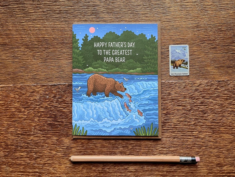 Greatest Papa Bear Father's Day, Grizzly Bear Father's Day, Single Foil & Offset Printed Greeting Card and Envelope image 1