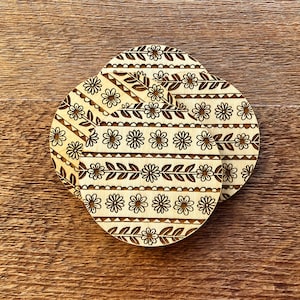 Floral Stripes, Flower Pattern Laser-cut Coasters, Set of 4 Wood Coasters