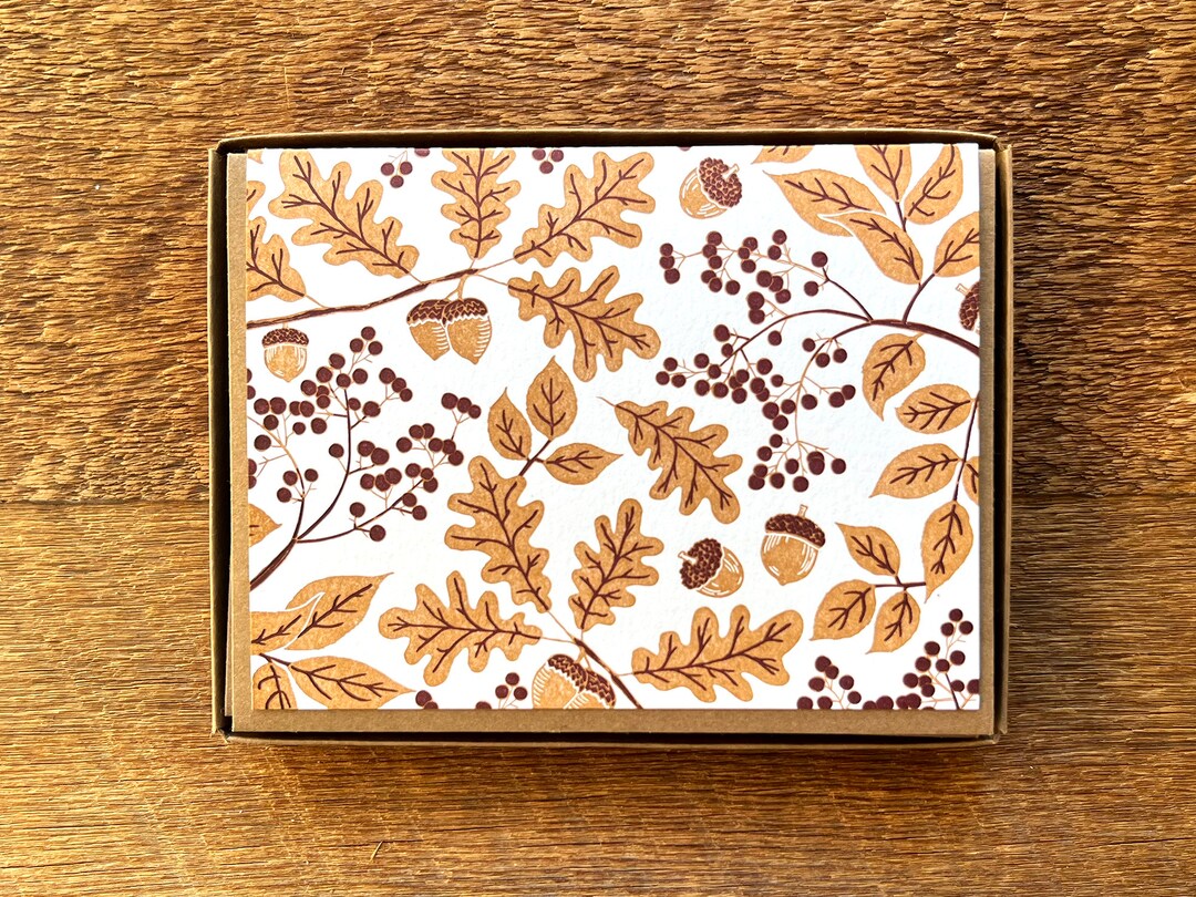 Golden Oak Leaves and Acorns, Fall Leaves, Boxed Set of 6 Letterpress ...