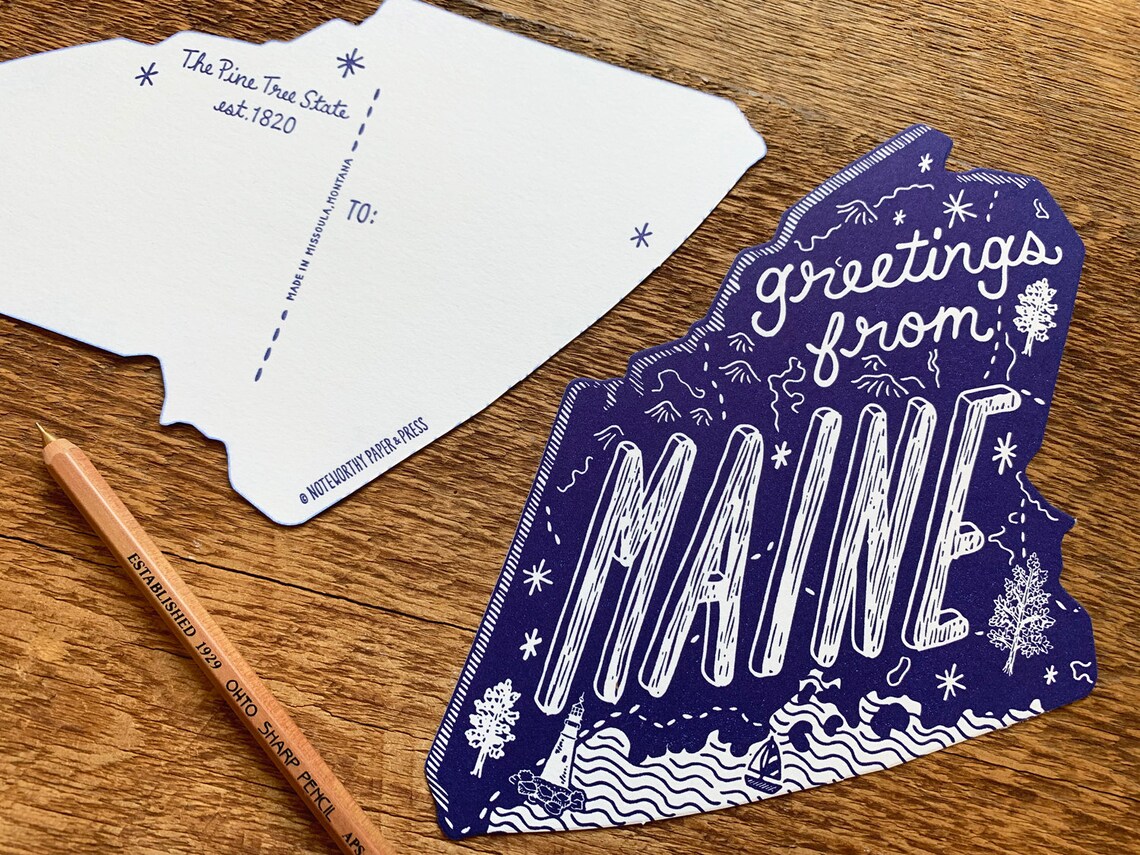 Maine Postcard Greetings from Maine Die Cut Letterpress Etsy