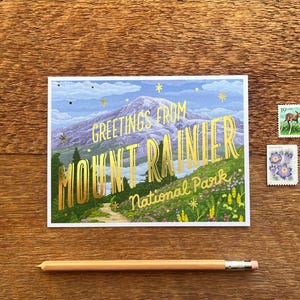 Carte postale du parc national du mont Rainier, salutations du parc national du mont Rainier, carte postale imprimée en aluminium et offset 6 po x 4,5 po.