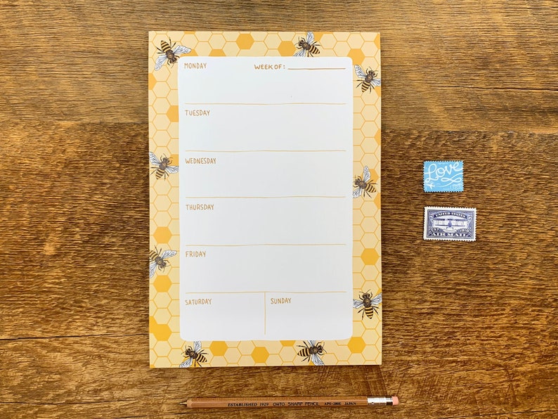 Honey Bees Weekly Desk Planner, Honey Bees Pattern , 6.75 x 9.75 To Do Notepad image 1