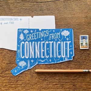 Carte postale du Connecticut, Salutations du Connecticut, Carte postale d'État typographique découpée