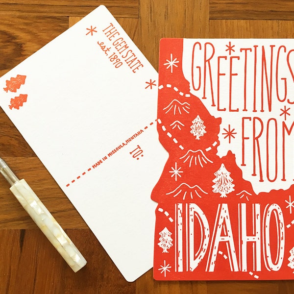 Idaho Postcard, Greetings from Idaho, Die Cut Letterpress State Postcard