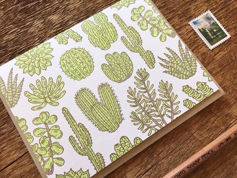 Cactus & Succulent Pattern, Plant Pattern, Letterpress Note Cards, Boxed Set of 6 Cards, Blank Inside image 3