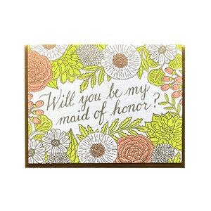 Floral Maid of Honor Card, Will You be my Maid of Honor, Letterpress Note Card, Blank Inside image 4