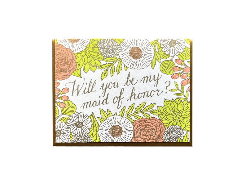 Floral Maid of Honor Card, Will You be my Maid of Honor, Letterpress Note Card, Blank Inside image 4