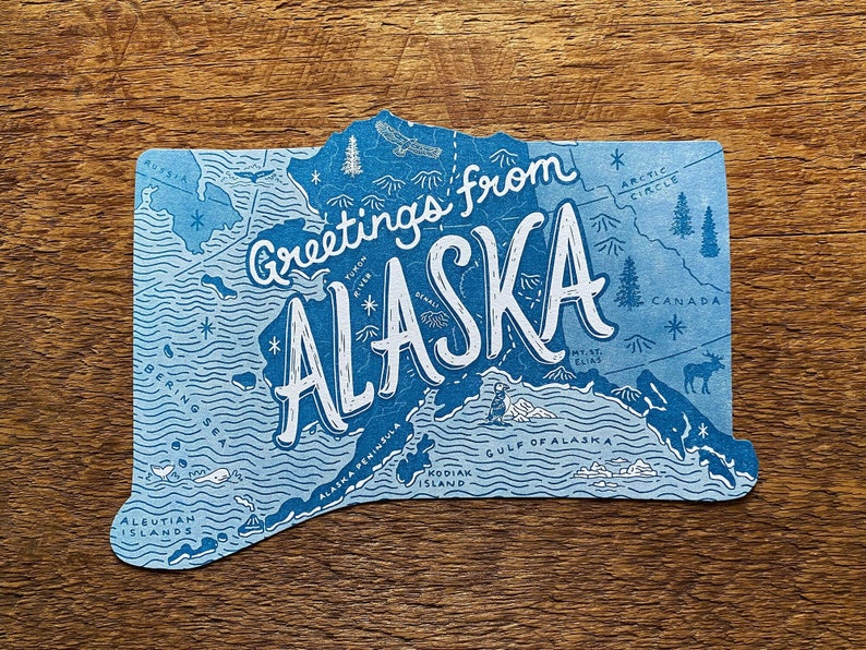Carte postale de l'Alaska, Salutations d'Alaska, carte postale d'État typographique découpée image 2