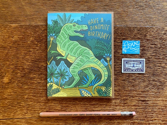Dinosaur Birthday Card, Dino Birthday Card, Foil Printed Card, Blank Inside