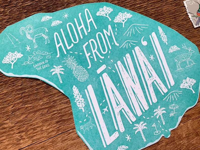 Carte postale de l’île Lanai, Aloha de Lanai Hawaii, Carte postale Die Cut Letterpress image 3