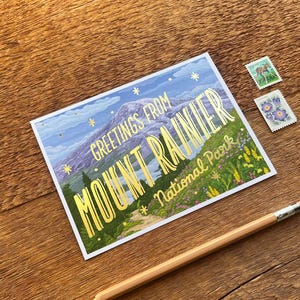 Carte postale du parc national du mont Rainier, salutations du parc national du mont Rainier, carte postale imprimée en aluminium et offset 6 po x 4,5 po. image 3