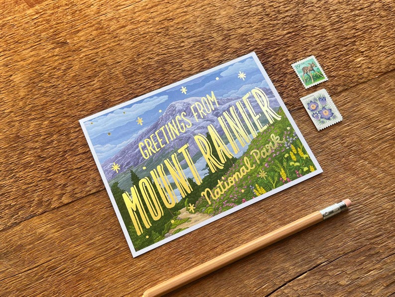 Carte postale du parc national du mont Rainier, salutations du parc national du mont Rainier, carte postale imprimée en aluminium et offset 6 po x 4,5 po. image 3