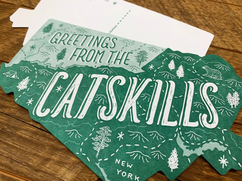 Cartolina Catskills, Saluti dalle Catskills, Cartolina Die Cut Letterpress Stato immagine 4