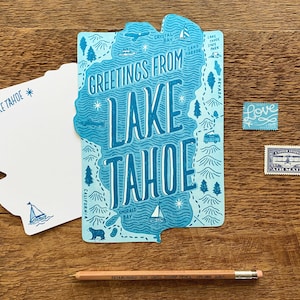 Cartão postal de Lake Tahoe, Saudações de Lake Tahoe, cartão postal recortado em tipografia