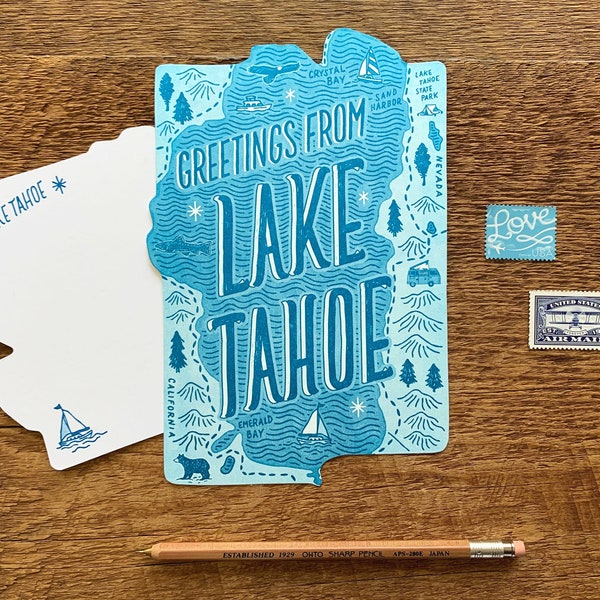 Lake Tahoe Postcard, Greetings from Lake Tahoe, Die Cut Letterpress Postcard