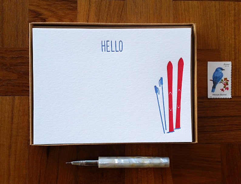 Boxed Stationery Hello Boxed Set of 8 Letterpress Flat Notes Ski Motif