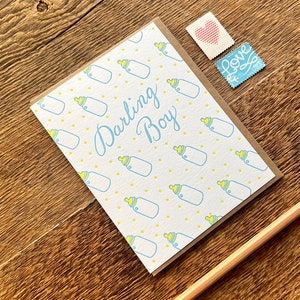Darling Boy, Baby Card, Baby Bottle Pattern, Letterpress Note Card, Blank Inside image 2
