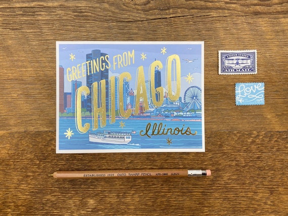 Greetings from Chicago Foil Postcard, Illinois Souvenir
