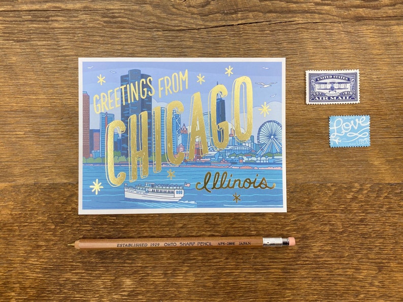 Cartolina di Chicago, saluti da Chicago Illinois, cartolina dell'Illinois, cartolina stampata in lamina e digitale immagine 1