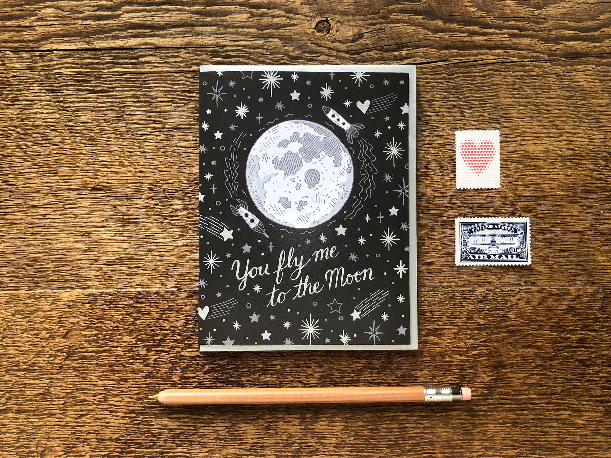 Fly Me to the Moon Card, Foil Printed Love Card - Etsy