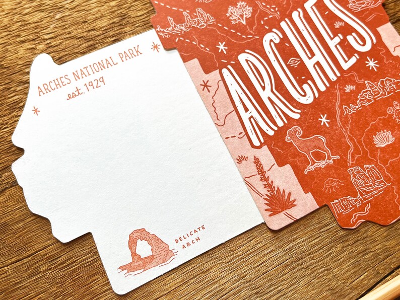 May include: A white postcard with a red outline shaped like the state of Utah. The postcard features a map of Arches National Park, Utah, with the text "Arches" in large, white letters. The postcard also includes the text "Arches National Park est. 1929" and "Delicate Arch".