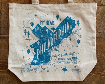 Philadelphia Tote Bag, Philadelphia Map, Canvas Tote Bag, Screen Printed Tote Bag