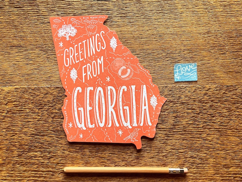 Carte postale de Géorgie, salutations de Géorgie, carte postale d'état de typographie découpée image 1