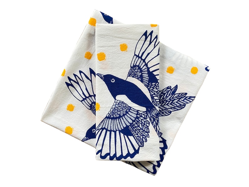 Magpie Tea Towel, Magpie Illustrations, Single Kitchen Towel, Screen Printed Towel, Hostess Gift, For the Kitchen image 7