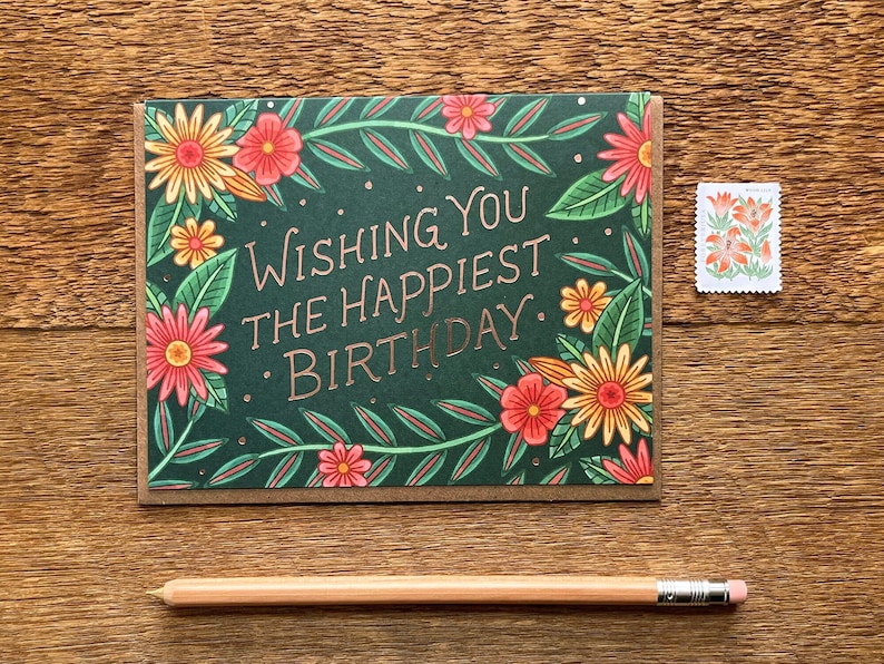 Carte le plus heureux d'anniversaire, carte d'anniversaire florale, carte pliée simple, vierge à l'intérieur image 1