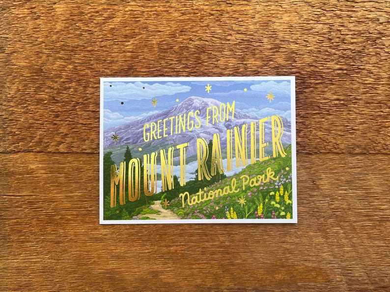 Carte postale du parc national du mont Rainier, salutations du parc national du mont Rainier, carte postale imprimée en aluminium et offset 6 po x 4,5 po. image 2