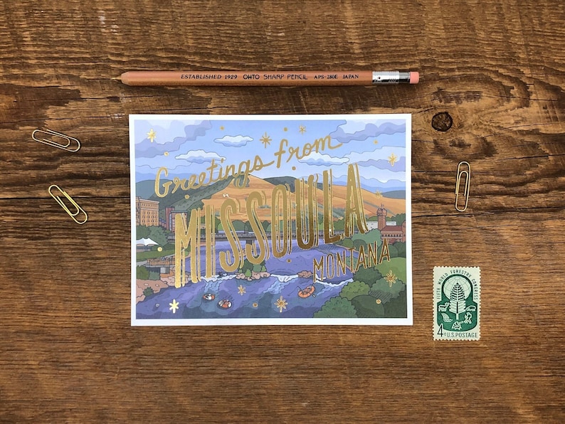 Carte postale métallisée Missoula, Salutations de Missoula Montana, carte postale imprimée offset image 1