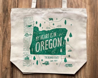 Oregon Tote Bag, My Heart is in Oregon, The Beaver State Canvas Tote, Screen Printed Large Tote Bag