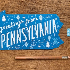 Carte postale de Pennsylvanie, Salutations de Pennsylvanie, Die Cut Letterpress State Postcard