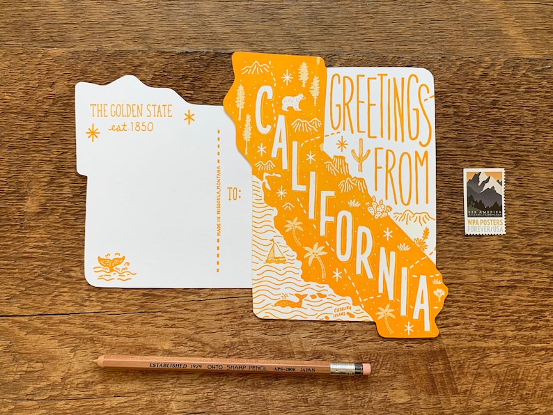 Carte postale californienne, salutations de Californie, carte postale d'État typographique découpée image 2