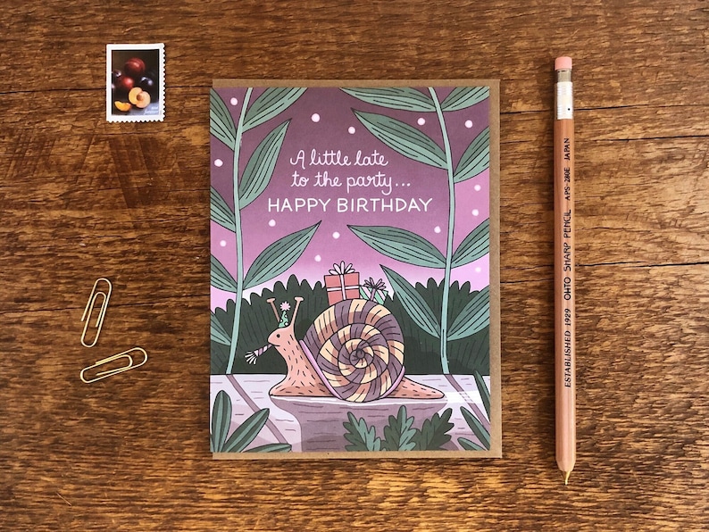 Funny Belated Birthday Card, Snail Mail Greeting Card, Blank Inside image 1