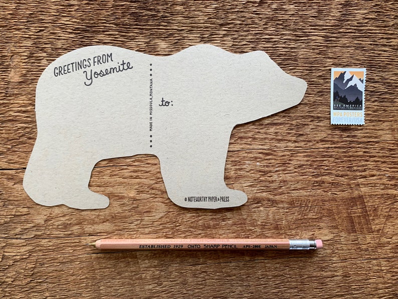 Carte postale d’ours de Yosemite, salutations de Yosemite, carte postale d’ours de parc national de Yosemite, carte postale de letterpress de coupure de coupure image 2
