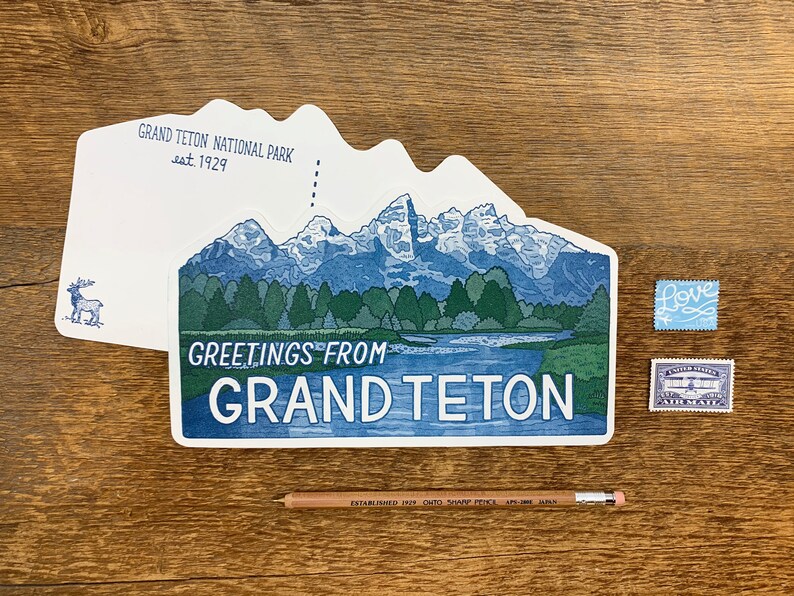 Cartolina Grand Teton, Saluti da Grand Teton, Wyoming, Cartolina tipografica singola fustellata immagine 2