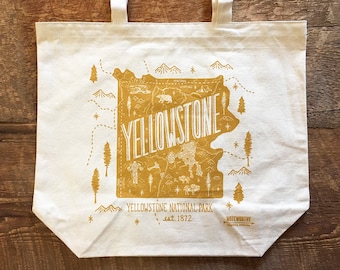 Torba typu tote z motywem Parku Narodowego Yellowstone, płótno z nadrukiem sitodrukowym