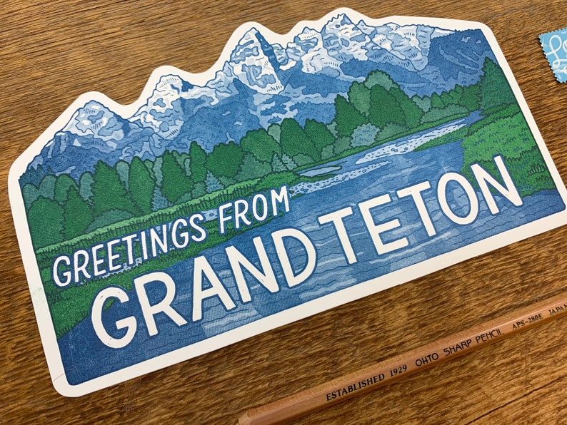 Cartolina Grand Teton, Saluti da Grand Teton, Wyoming, Cartolina tipografica singola fustellata immagine 6