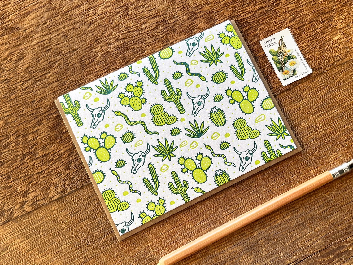 Cactus Desert Pattern, Cactus Card, Letterpress Folded Note Card ...