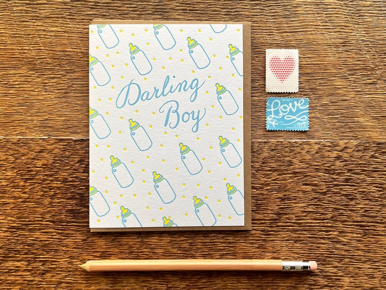 Darling Boy, Baby Card, Baby Bottle Pattern, Letterpress Note Card, Blank Inside image 1